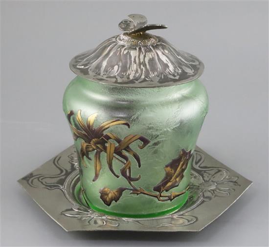 An Art Nouveau Val St Lambert cameo glass biscuit barrel with Orivit pewter cover and stand, c.1910, H. 18cm